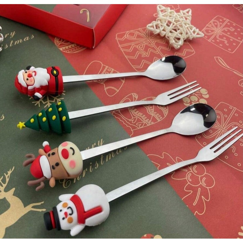Set 4 Tacamuri, cu Figurine de Craciun, din Otel Inoxidabil, 2 Furculite, 2 Linguri, Cutie Festiva, 13.5 cm, Rosu