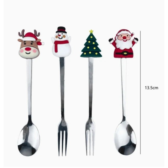 Set 4 Tacamuri, cu Figurine de Craciun, din Otel Inoxidabil, 2 Furculite, 2 Linguri, Cutie Festiva, 13.5 cm, Rosu