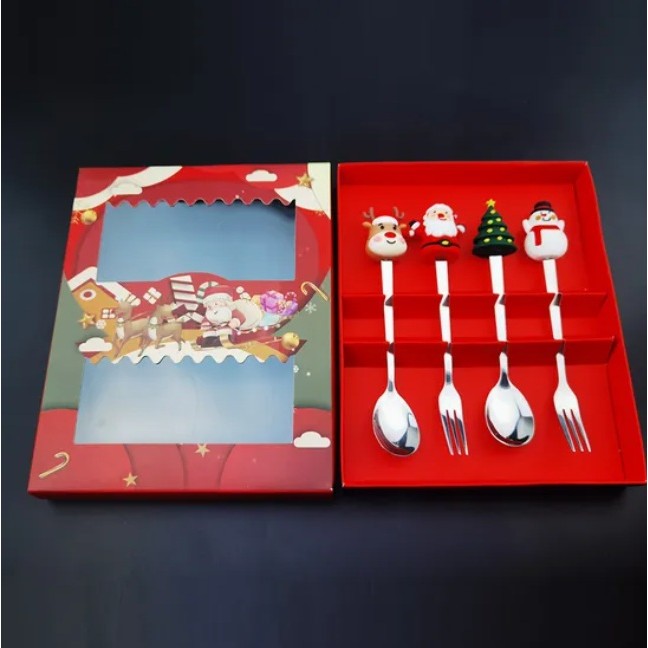 Set 4 Tacamuri, cu Figurine de Craciun, din Otel Inoxidabil, 2 Furculite, 2 Linguri, Cutie Festiva, 13.5 cm, Rosu