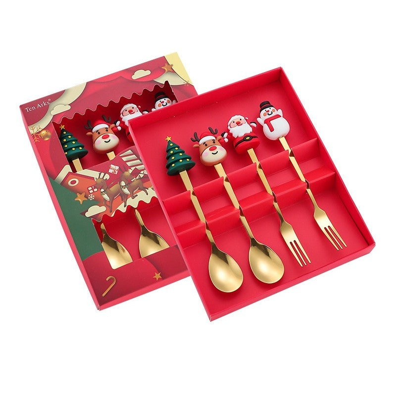 Set 4 Tacamuri, Tema Craciun, 2 Linguri + 2 Furculite, cu Figurine, din Otel Inoxidabil, Cutie Cadou, 19 x 15 x 2.2 cm, Auriu