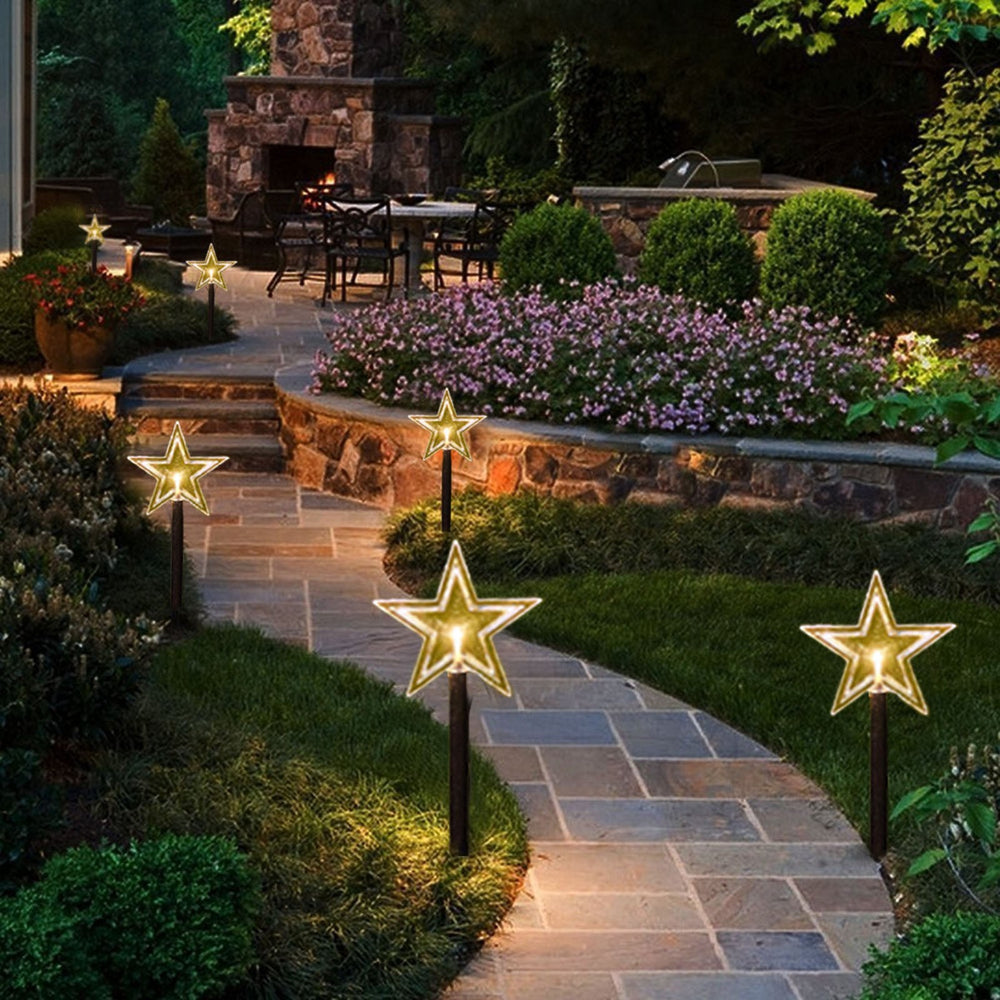 Set 5 Lampi solare LED de exterior Model Stea, pentru gradina, 35.5 cm, Alb Cald