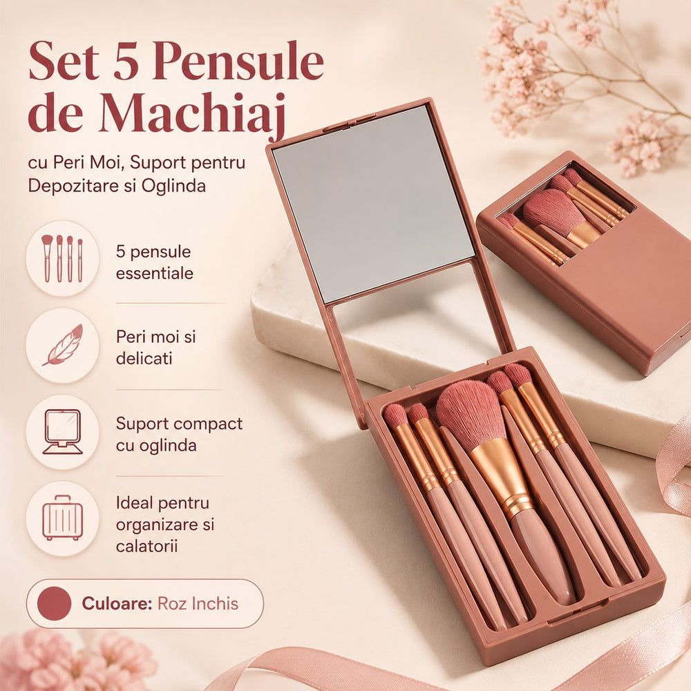 Set 5 Pensule de Machiaj cu Peri Moi, cu Suport pentru Depozitare si Oglinda, Roz Inchis