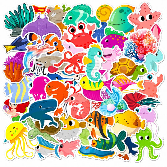 Set 50 Stickere cu Animale Marine, Design Cartoon, Delfini, Rechini, Pesti si Creaturi Subacvatice, Multicolor