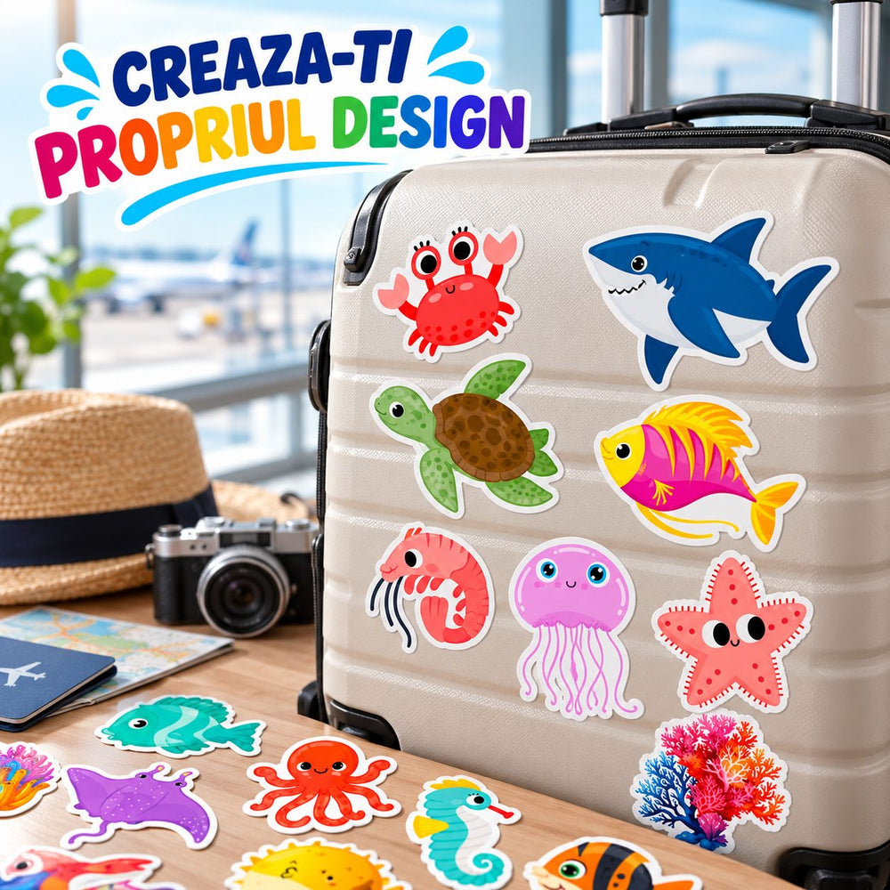 Set 50 Stickere cu Animale Marine, Design Cartoon, Delfini, Rechini, Pesti si Creaturi Subacvatice, Multicolor
