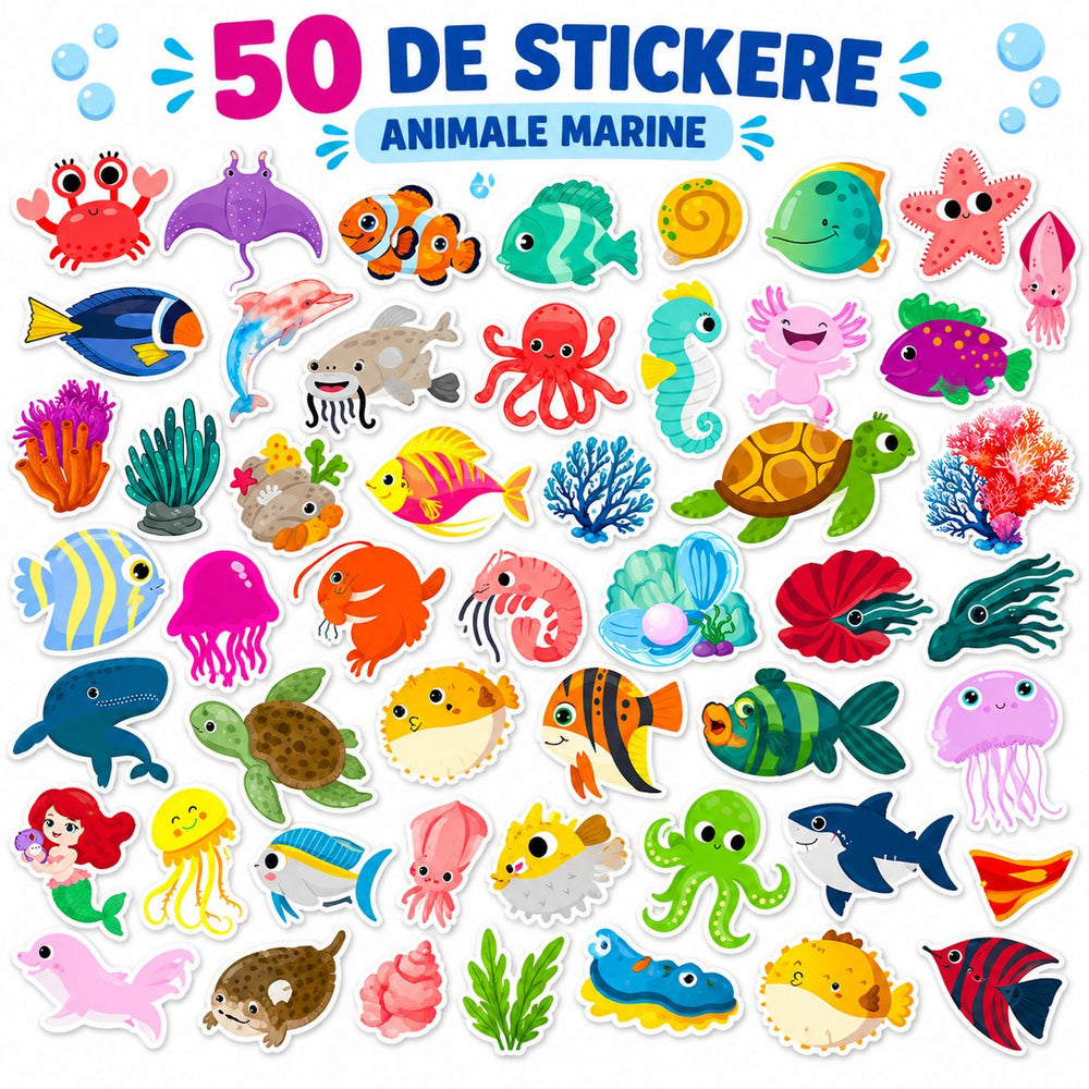Set 50 Stickere cu Animale Marine, Design Cartoon, Delfini, Rechini, Pesti si Creaturi Subacvatice, Multicolor