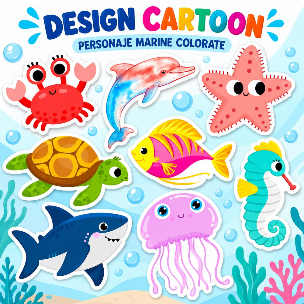 Set 50 Stickere cu Animale Marine, Design Cartoon, Delfini, Rechini, Pesti si Creaturi Subacvatice, Multicolor