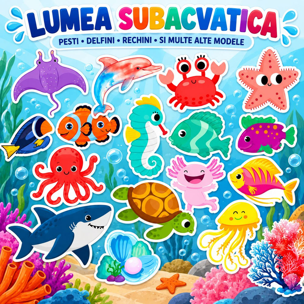 Set 50 Stickere cu Animale Marine, Design Cartoon, Delfini, Rechini, Pesti si Creaturi Subacvatice, Multicolor