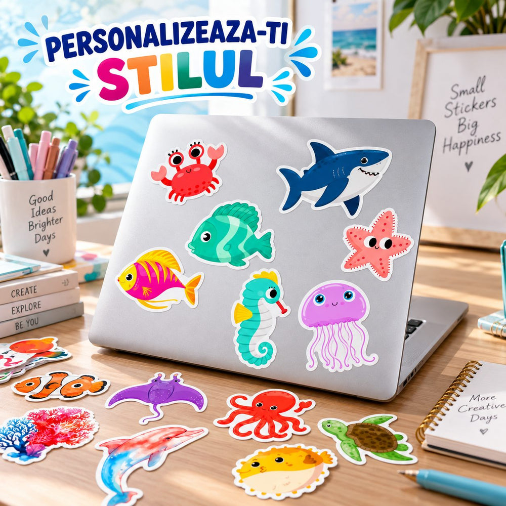 Set 50 Stickere cu Animale Marine, Design Cartoon, Delfini, Rechini, Pesti si Creaturi Subacvatice, Multicolor