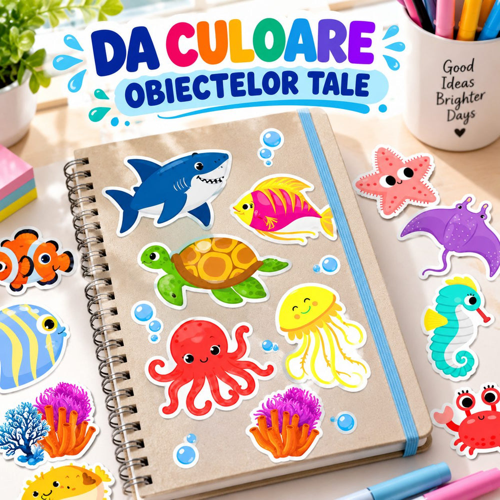 Set 50 Stickere cu Animale Marine, Design Cartoon, Delfini, Rechini, Pesti si Creaturi Subacvatice, Multicolor