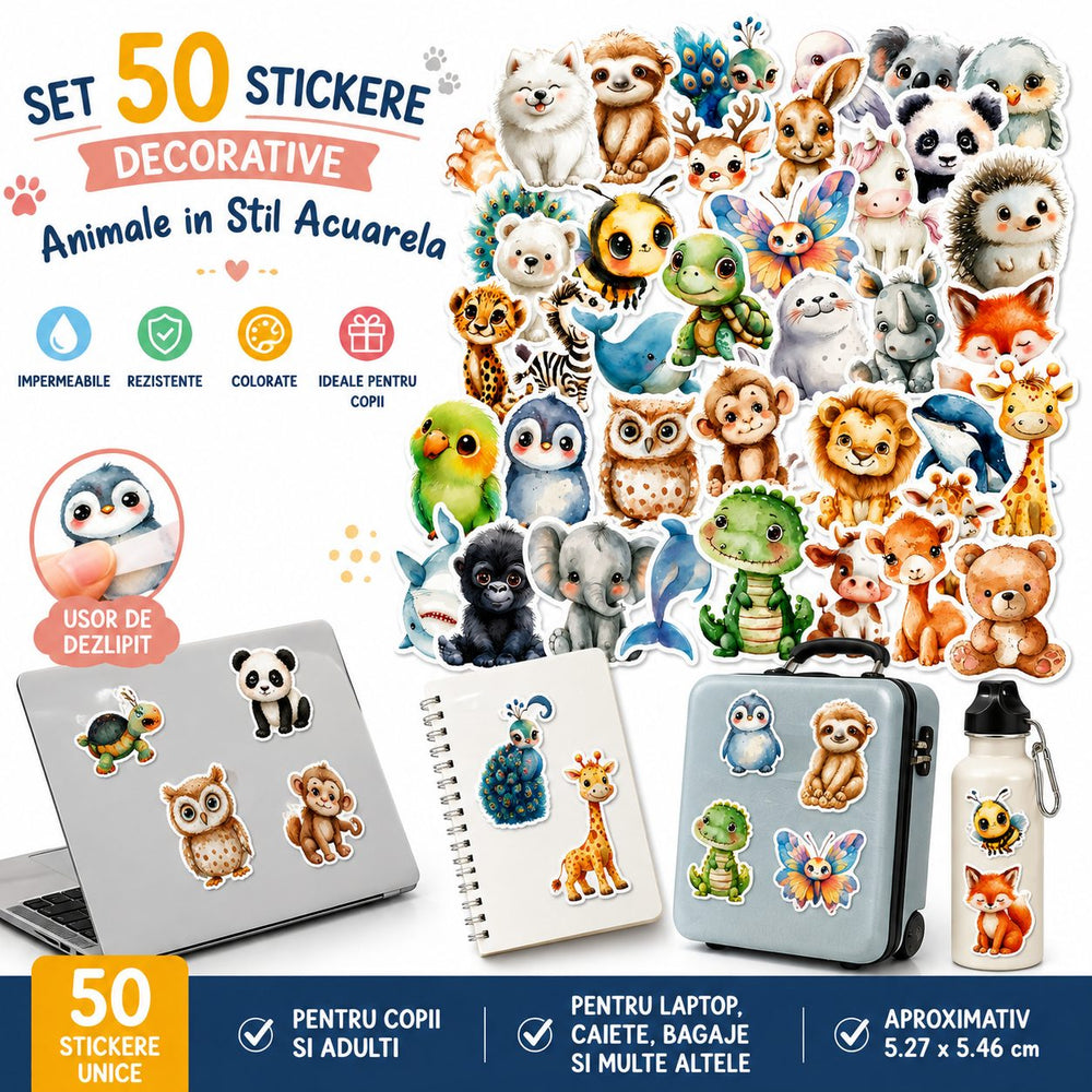 Set 50 Stickere Decorative, Modele Animale in Stil Acuarela, Impermeabile, Aproximativ 5.27 x 5.46 cm, Multicolor