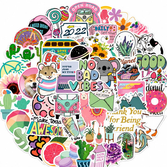 Set 50 Stickere Decorative, Modele Cartoon si Graffiti, Animale, Peisaje si Astronauti, Impermeabile, Aproximativ 5 x 6 cm, Multicolor