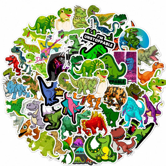 Set 50 Stickere Decorative, Modele Dinozauri Cartoon, Impermeabile, Aproximativ 5 x 6 cm, Multicolor