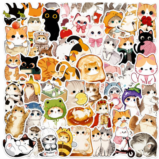 Set 50 Stickere Decorative, Modele Pisici Cartoon Dragute, Impermeabile, Aproximativ 5.27 x 5.46 cm, Multicolor
