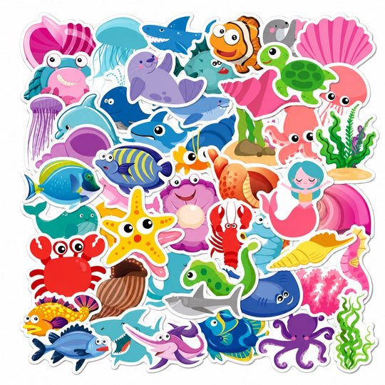Set 50 Stickere Decorative, Tema Lumea Marina, Personaje si Animale Acvatice, Folie Mata, pentru Ghiozdan si Bagaje, Aproximativ 5-6 cm, Multicolor