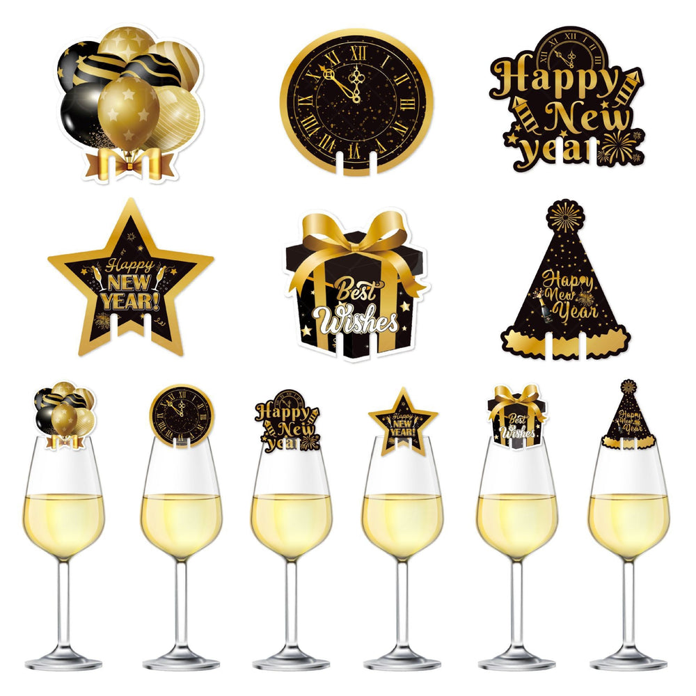Set 6 Decoratiuni pentru Pahare de Cocktail, Tema Anul Nou, din Hartie, Negru/Auriu
