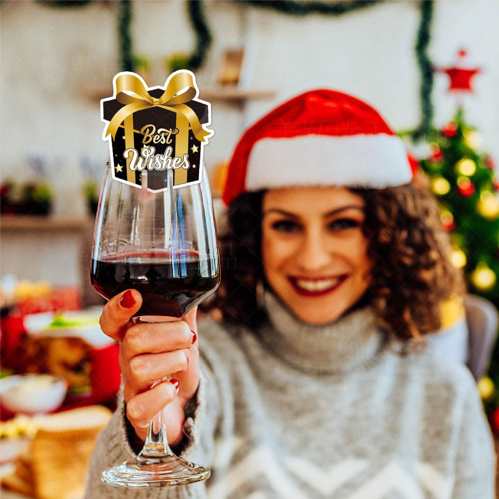 Set 6 Decoratiuni pentru Pahare de Cocktail, Tema Anul Nou, din Hartie, Negru/Auriu
