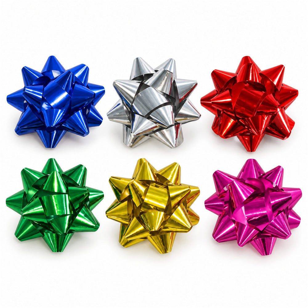 Set 6 Fundite Decorative pentru Cadouri, Model Stea, PVC cu Efect Lucios, 5 cm, Multicolor