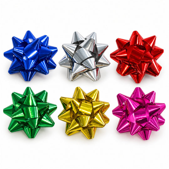 Set 6 Fundite Decorative pentru Cadouri, Model Stea, PVC cu Efect Lucios, 5 cm, Multicolor