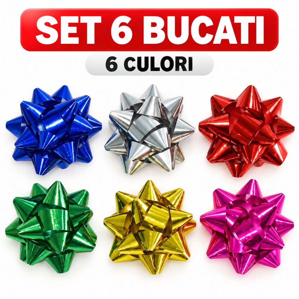 Set 6 Fundite Decorative pentru Cadouri, Model Stea, PVC cu Efect Lucios, 5 cm, Multicolor