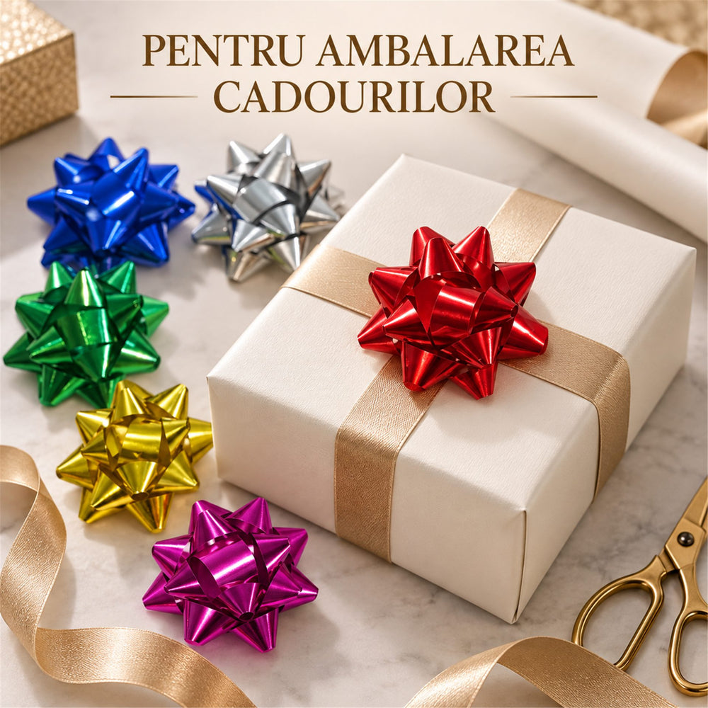 Set 6 Fundite Decorative pentru Cadouri, Model Stea, PVC cu Efect Lucios, 5 cm, Multicolor