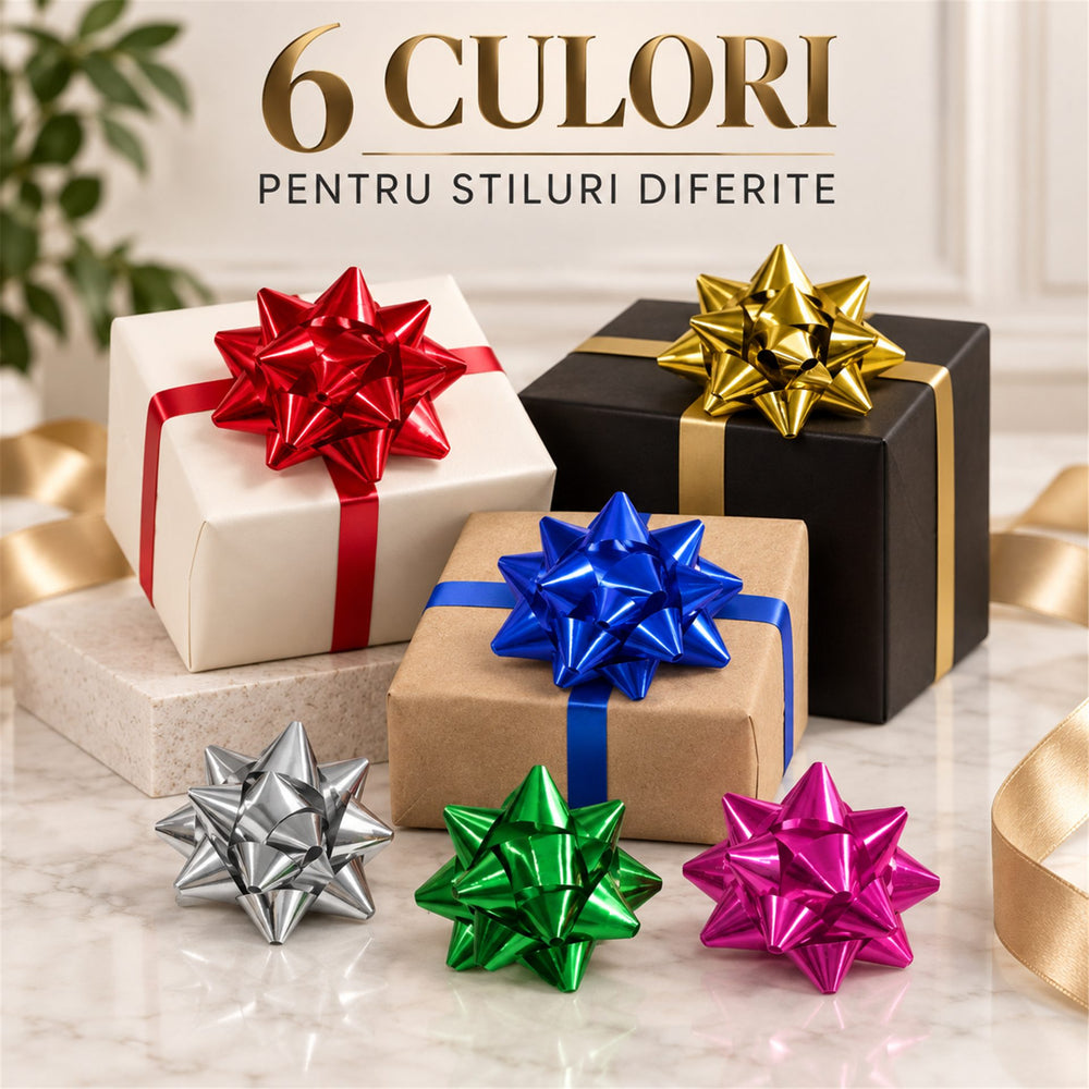 Set 6 Fundite Decorative pentru Cadouri, Model Stea, PVC cu Efect Lucios, 5 cm, Multicolor