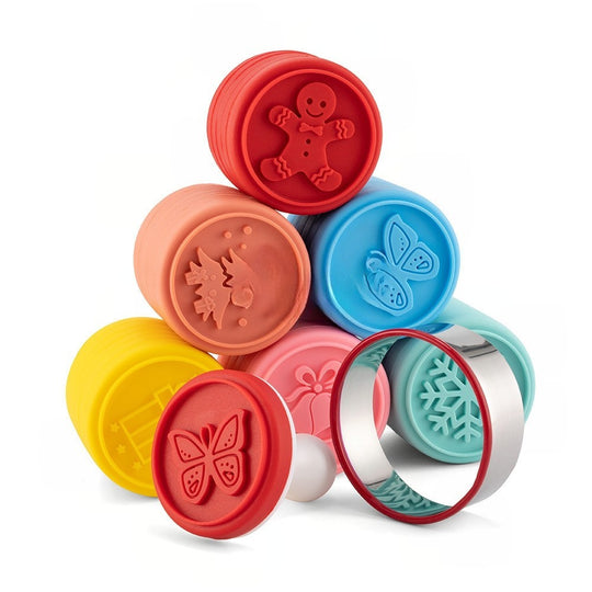 Set 6 stampile pentru prajituri, tematica de Craciun, din silicon alimentar non-toxic, taietor aluat inclus, 6 cm, maner din plastic, compact, usor de depozitat