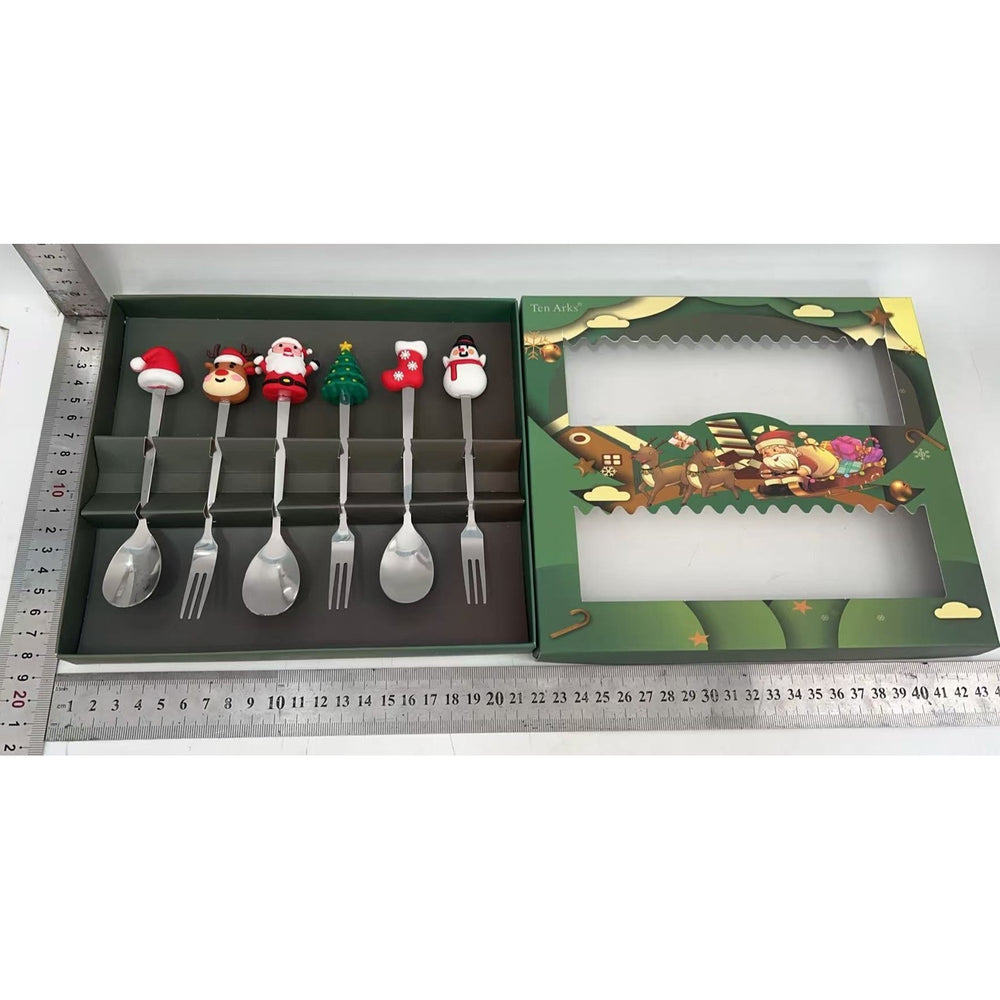 Set 6 Tacamuri, Tema Craciun, 3 Linguri + 3 Furculite, cu Figurine, din Otel Inoxidabil, Cutie Cadou, 19 x 22 x 2.2 cm, Argintiu