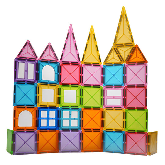 Set 88 Piese Magnetice de Constructie, Piese 5.5 cm, Magnetic Tiles, Forme Geometrice, 3 Ani, ABS, Magnet, 27.5 x 21.5 x 17 cm, Multicolor