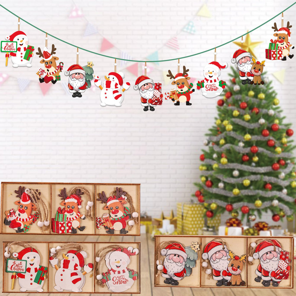 Set 9 Decoratiuni de Craciun din Lemn, cu Snur pentru Agatare in Brad, 3 Modele, Model Mos Craciun cu Brad, Ren si Cadouri, Diferite Dimensiuni, Multicolor