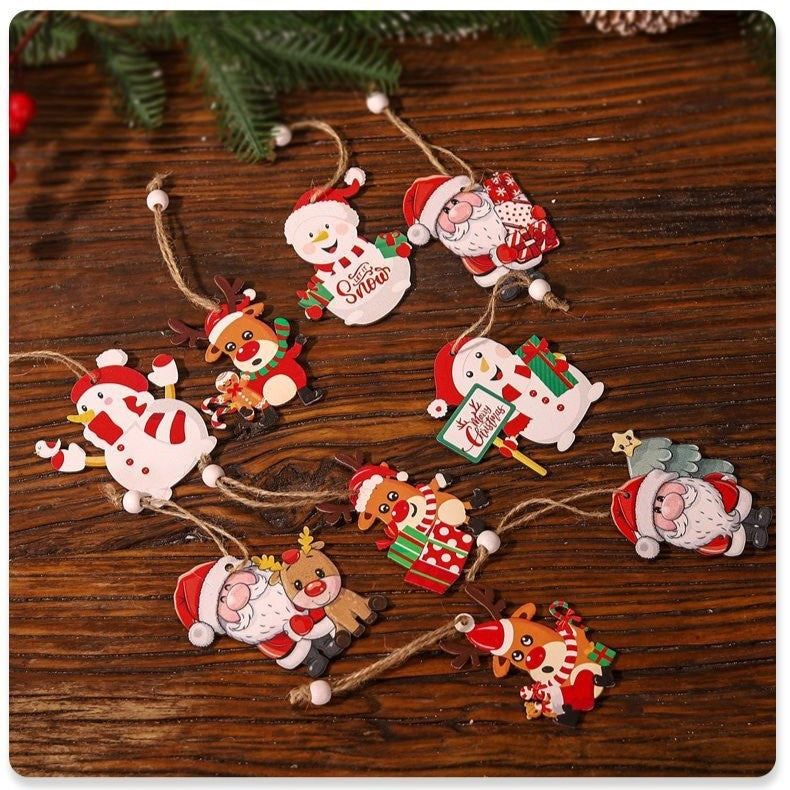 Set 9 Decoratiuni de Craciun din Lemn, cu Snur pentru Agatare in Brad, 3 Modele, Model Mos Craciun cu Brad, Ren si Cadouri, Diferite Dimensiuni, Multicolor