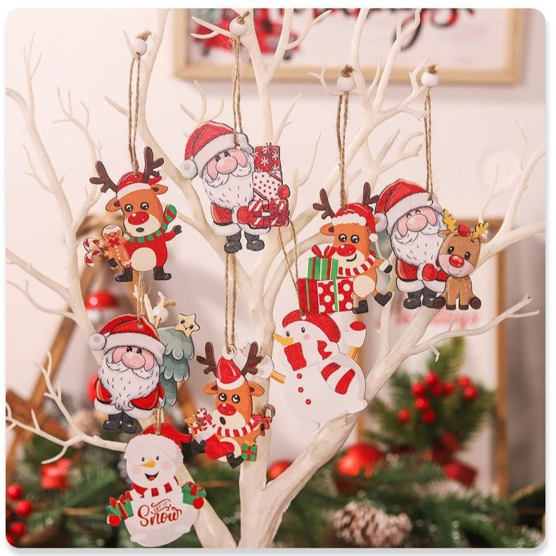 Set 9 Decoratiuni de Craciun din Lemn, cu Snur pentru Agatare in Brad, 3 Modele, Model Mos Craciun cu Brad, Ren si Cadouri, Diferite Dimensiuni, Multicolor