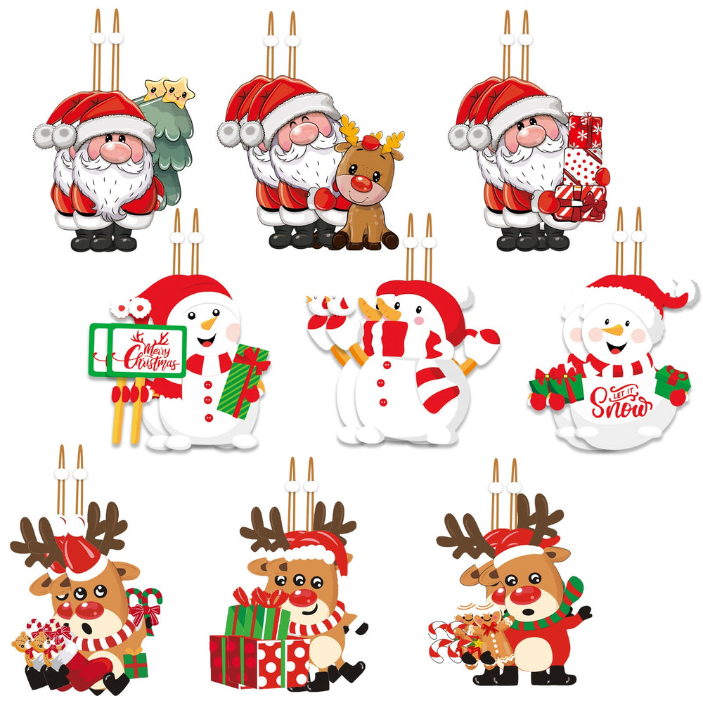 Set 9 Decoratiuni de Craciun din Lemn, cu Snur pentru Agatare in Brad, 3 Modele, Model Mos Craciun cu Brad, Ren si Cadouri, Diferite Dimensiuni, Multicolor