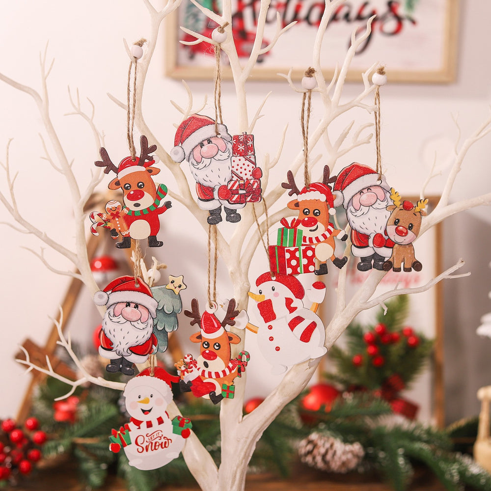 Set 9 Decoratiuni de Craciun din Lemn, cu Snur pentru Agatare in Brad, 3 Modele, Model Mos Craciun cu Brad, Ren si Cadouri, Diferite Dimensiuni, Multicolor