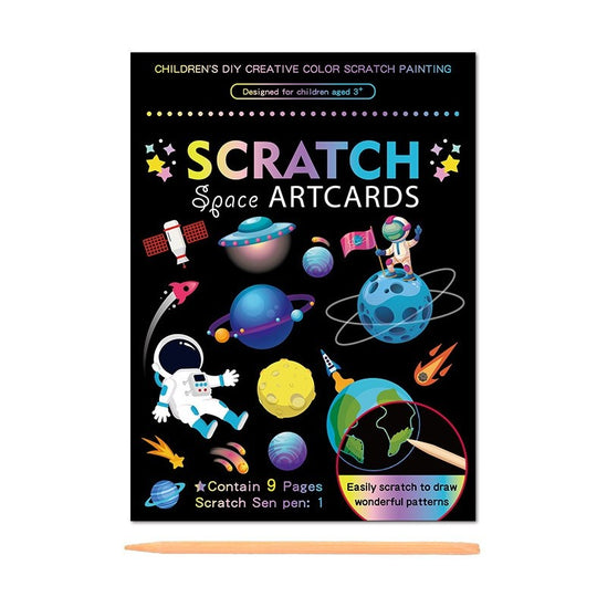 Set 9 Planse Razuibile, Scratch ArtCards, +3 Ani, de Razuit si de Colorat, 19 x 14 cm, Model Spatiu Cosmic, Multicolor