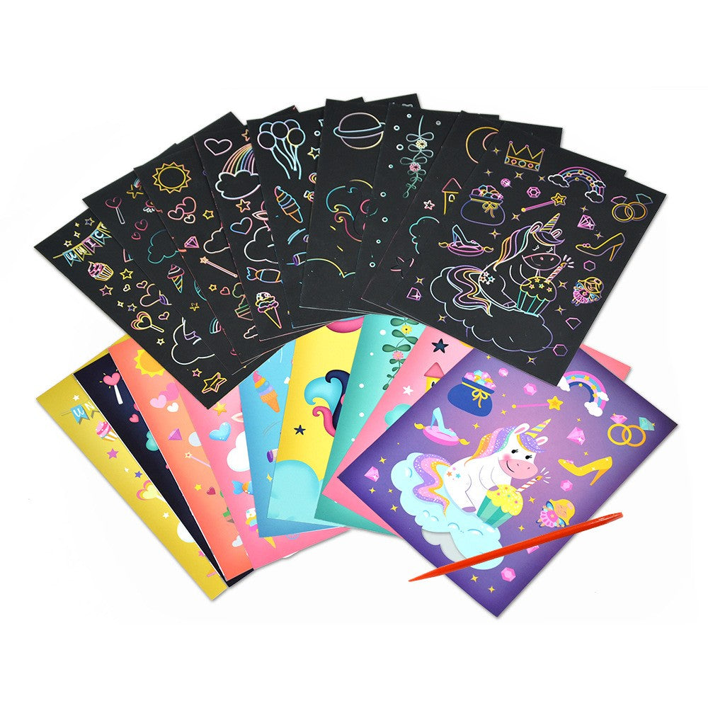 Set 9 Planse Razuibile, Scratch ArtCards, +3 Ani, de Razuit si de Colorat, 19 x 14 cm, Model Spatiu Cosmic, Multicolor