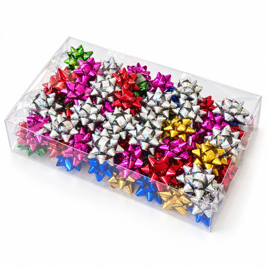 Set 90 Funde Decorative Tip Stea, PVC, Efect Laser, Diametru 5 cm, Cutie 30 x 20 x 6 cm, Multicolor
