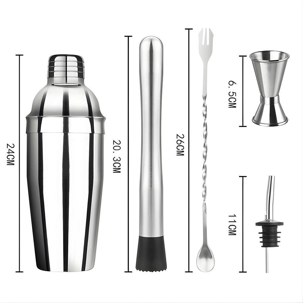 Set Barman Preparare Cocktail, 6 Piese, Inox, Argintiu, Kit Accesorii Bar si Mixologie: Shaker750ml, Masura dubla, Pistil, Lingura barman, 2 Picuratoare