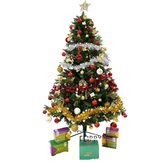 Set brad artificial de Craciun si elemente decorative, decorat cu conuri pin rosii, inaltime 210 cm, diametru 137 cm, 1172 ramuri, verde, suport metalic inclus
