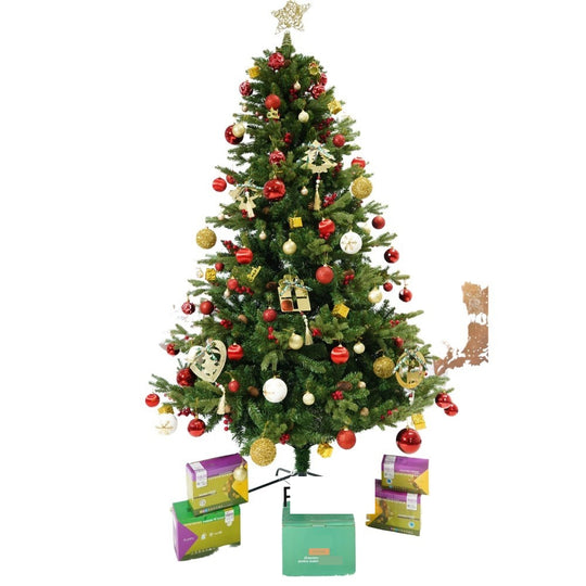 Set brad artificial de Craciun si elemente decorative, decorat cu conuri pin rosii, inaltime 210 cm, diametru 137 cm, 1172 ramuri, verde, suport metalic inclus, Diametru: 137 cm, Material: Plastic