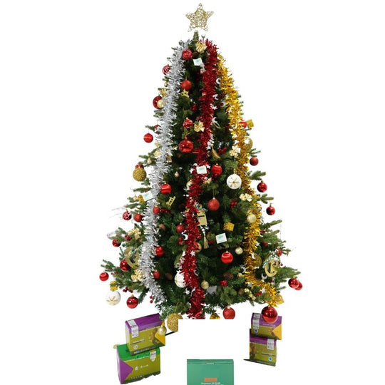 Set brad artificial de Craciun si elemente decorative, decorat cu conuri pin rosii, inaltime 210 cm, diametru 137 cm, 1172 ramuri, verde, suport metalic inclus
