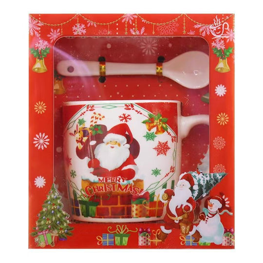 Set cana ceramica cu lingurita, 200 ml, tematica Mos Craciun cu sac de cadouri, multicolor