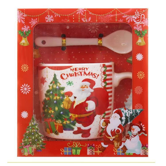 Set cana ceramica cu lingurita, 200 ml, tematica Mos Craciun cu brad, alb