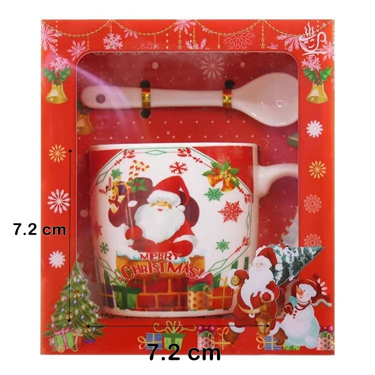 Set cana ceramica cu lingurita, 200 ml, tematica Mos Craciun cu sac de cadouri, multicolor