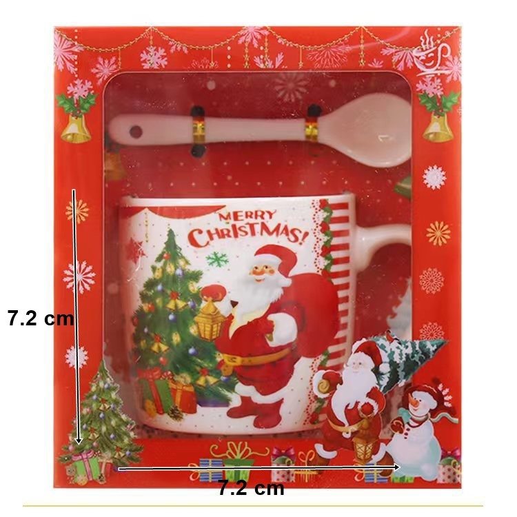 Set cana ceramica cu lingurita, 200 ml, tematica Mos Craciun cu brad, alb