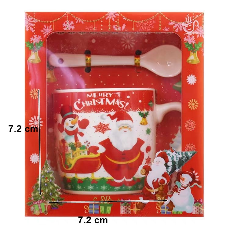 Set cana ceramica cu lingurita, 200 ml, tematica Mos Craciun cu sanie, multicolor