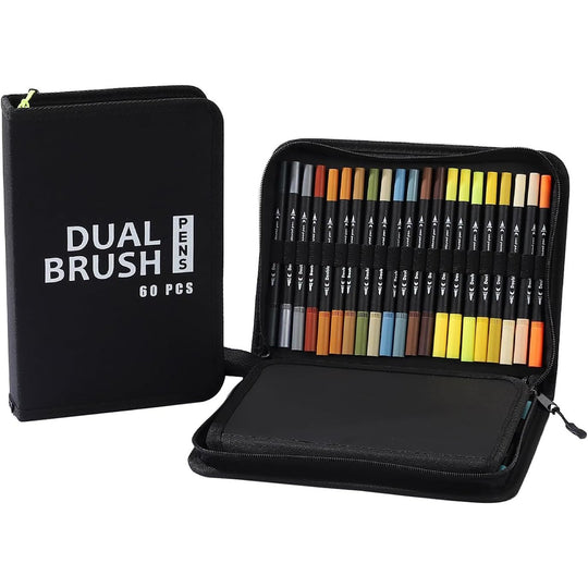 Set Carioci pe Baza de Apa, 2 in 1, pentru Pictura, Caligrafie, 60 Culori, Penar Negru, Corp Carioca Negru, 26.5 x 17.5 x 4.5 cm, Multicolor