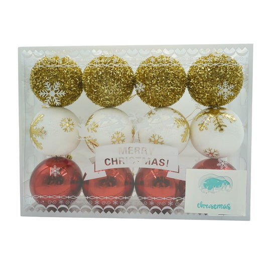 Set de 12 ornamente de brad, de tip Glob, Alb/ Rosu, din polistiren, cu finisaj sclipitor, cutie 8 cm adancime x 32 cm lungime x 24 cm inaltime