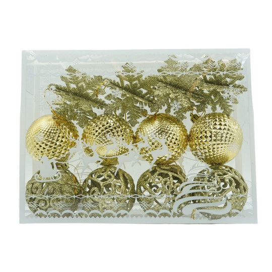 Set de 12 ornamente de brad, de tip Glob, Auriu, din plastic, cu finisaj sclipitor, cutie 6 cm adancime x 23 cm lungime x 18 cm inaltime