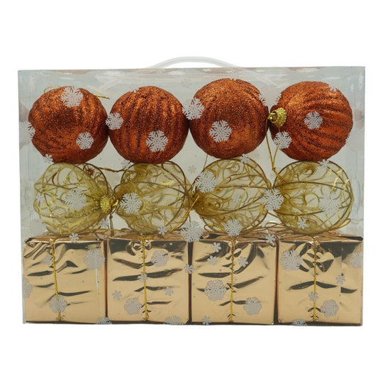 Set de 12 ornamente de brad, de tip Glob, Cupru/ Auriu, din polistiren, cu finisaj sclipitor, cutie 6 cm adancime x 23 cm lungime x 18 cm inaltime