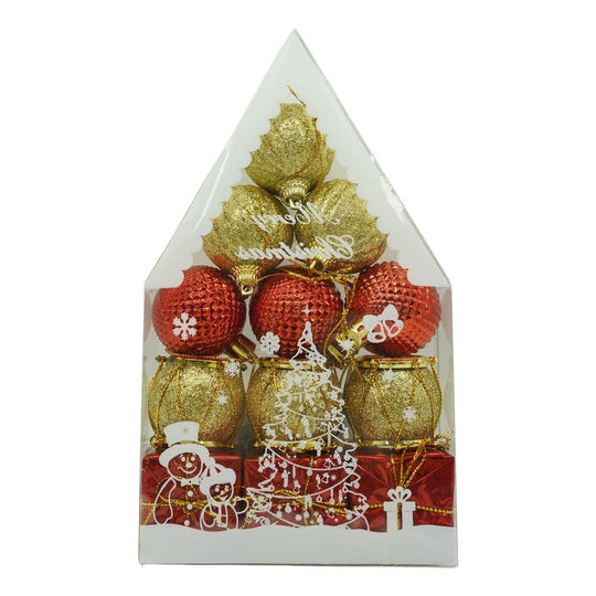 Set de 12 ornamente de brad, de tip Glob, Rosu/ Auriu, din polistiren, cu finisaj sclipitor, cutie 4 cm adancime x 20 cm inaltime x 12 cm lungime)